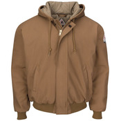 Men's Insulated Brown Duck Hooded Jacket with Knit Trim